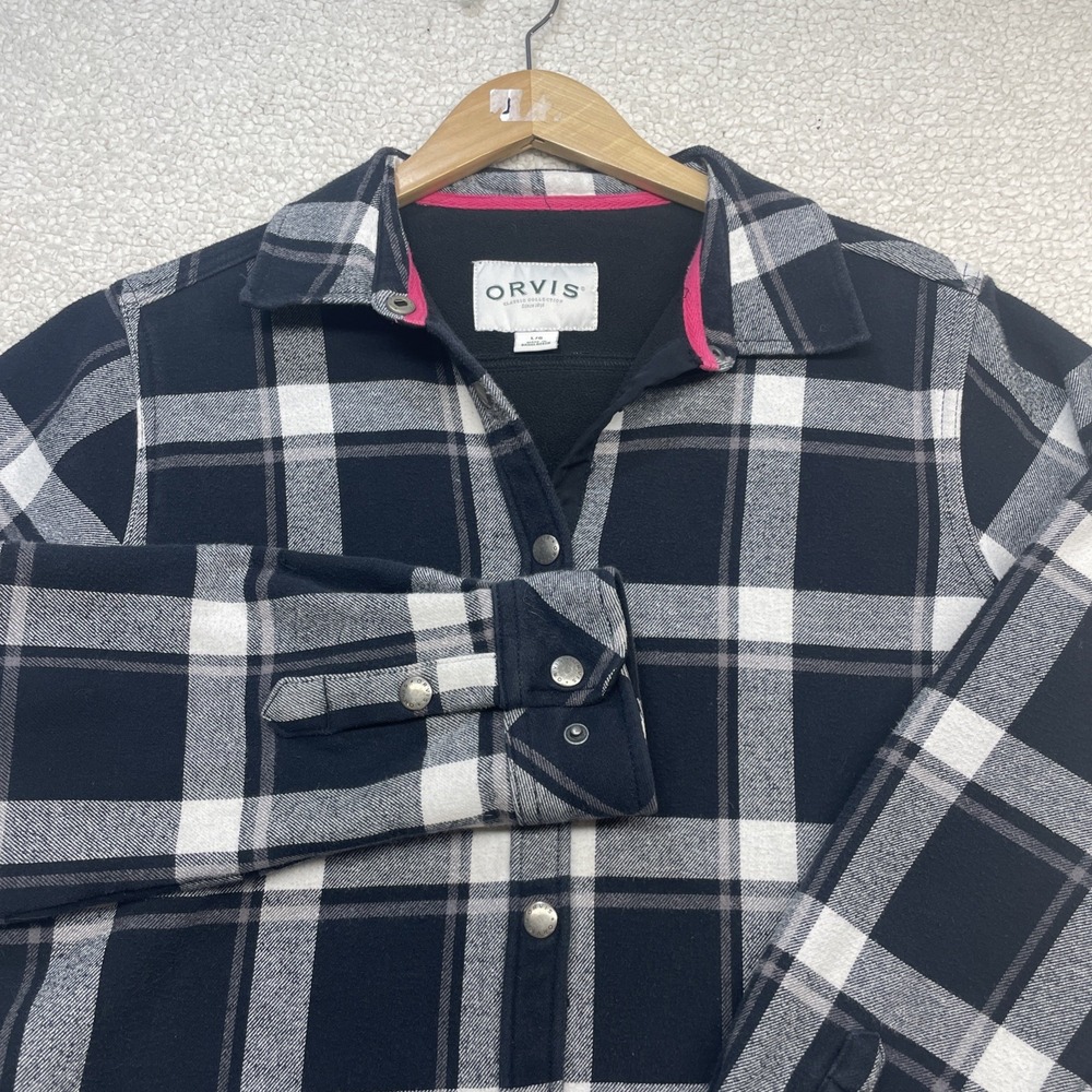Orvis Shirt Jacket Womens L Black White Plaid Fleece Lined Snap Front Flannel